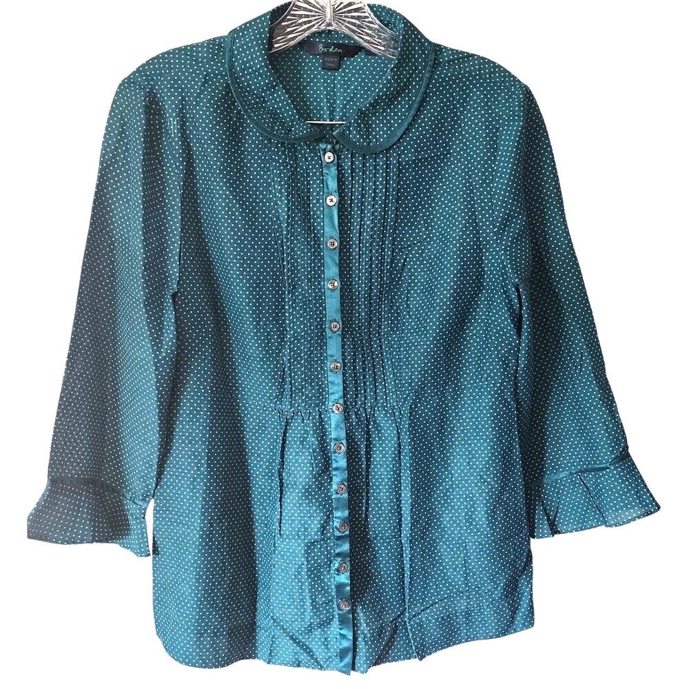 Boden Semi Sheer Blue Teal Polka Dot Button Down Pleated Blouse Size 12